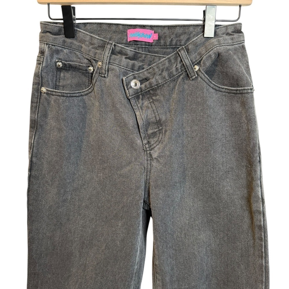 Edikted Raelynn Crossover Baggy Jeans Washed Grey Low Rise Wide Leg Asymmetric S - Picture 2 of 10